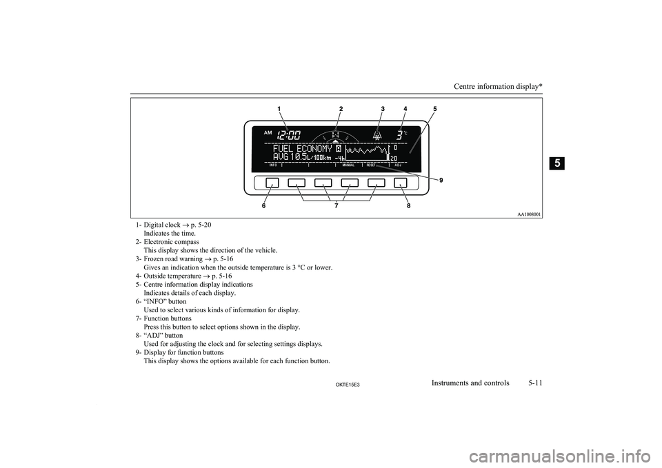 MITSUBISHI L200 2015  Owners Manual (in English) 1- Digital clock ® p. 5-20
Indicates the time.
2- Electronic compass This display shows the direction of the vehicle.
3- Frozen road warning  ® p. 5-16
Gives an indication when the outside temperatu