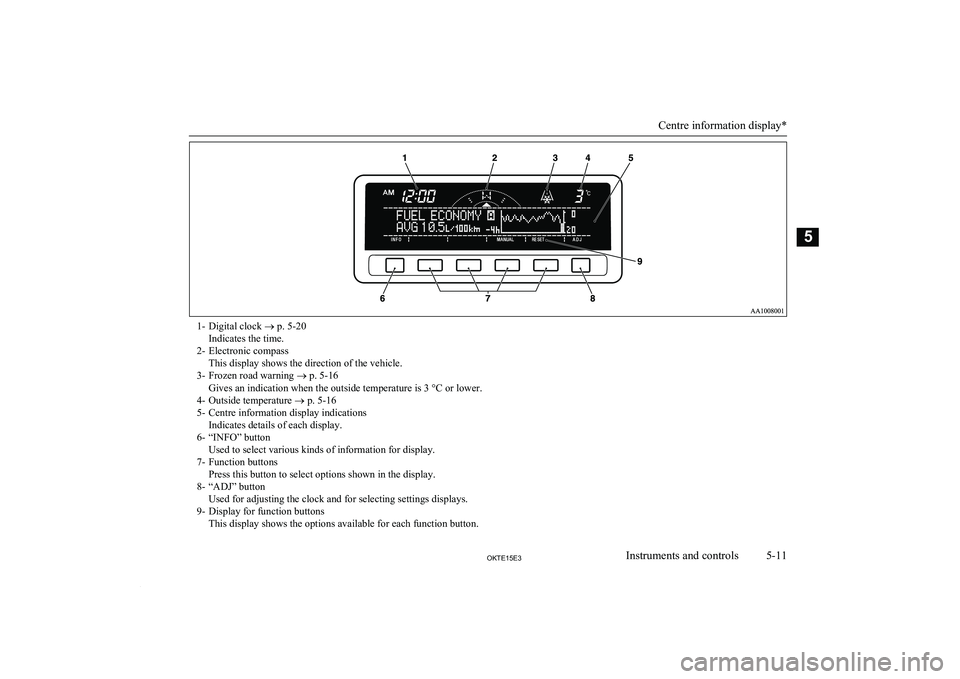 MITSUBISHI L200 2015 (in English) Owners Manual 1- Digital clock ® p. 5-20
Indicates the time.
2- Electronic compass This display shows the direction of the vehicle.
3- Frozen road warning ® p. 5-16
Gives an indication when the outside temperatu MITSUBISHI L200 2015 (in English) Owners Manual 1- Digital clock ® p. 5-20
Indicates the time.
2- Electronic compass This display shows the direction of the vehicle.
3- Frozen road warning ® p. 5-16
Gives an indication when the outside temperatu