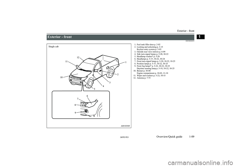 MITSUBISHI L200 2017  Owners Manual (in English) Exterior - front E085004020551. Fuel tank filler door p. 2-022. Locking and unlocking p. 3-15 Keyless entry system p. 3-03
3. Outside rear-view mirrors p. 6-09
4. Side turn-signal lamps p. 5-20, 10-22
