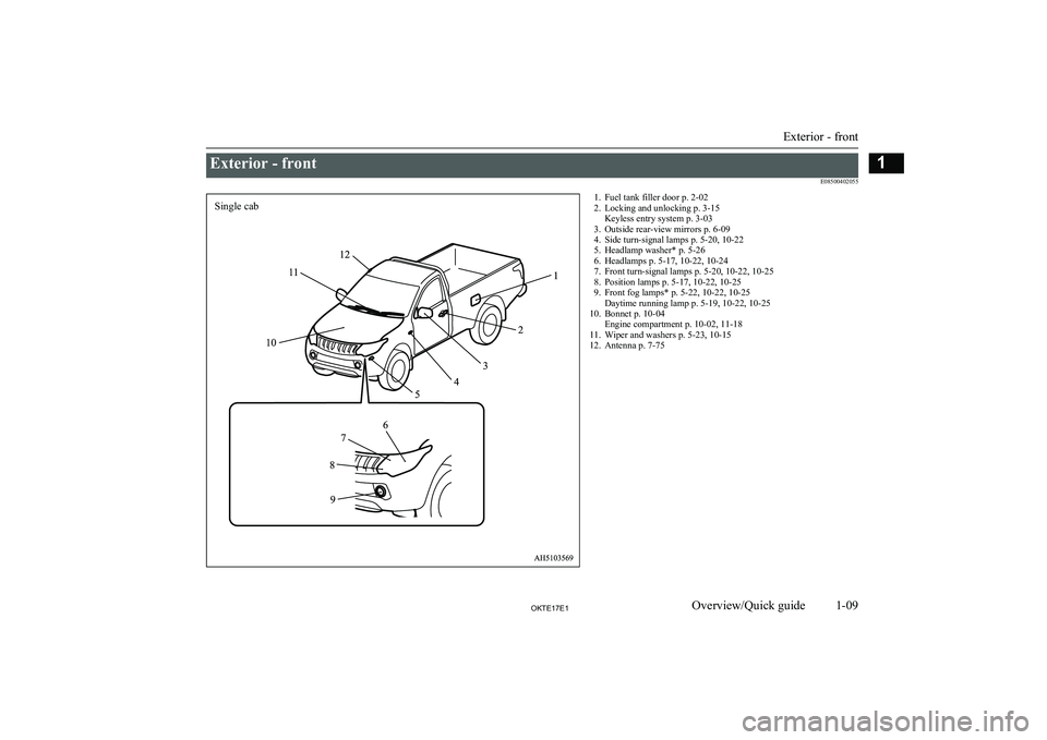 MITSUBISHI L200 2017 Owners Manual (in English) Exterior - front E085004020551. Fuel tank filler door p. 2-022. Locking and unlocking p. 3-15 Keyless entry system p. 3-03
3. Outside rear-view mirrors p. 6-09
4. Side turn-signal lamps p. 5-20, 10-22 MITSUBISHI L200 2017 Owners Manual (in English) Exterior - front E085004020551. Fuel tank filler door p. 2-022. Locking and unlocking p. 3-15 Keyless entry system p. 3-03
3. Outside rear-view mirrors p. 6-09
4. Side turn-signal lamps p. 5-20, 10-22
