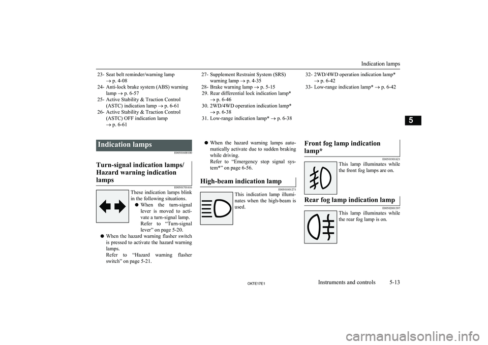 MITSUBISHI L200 2017 Owners Manual (in English) 23- Seat belt reminder/warning lamp® p. 4-08
24- Anti-lock brake system (ABS) warning lamp ® p. 6-57
25- Active Stability & Traction Control (ASTC) indication lamp ® p. 6-61
26- Active Stability MITSUBISHI L200 2017 Owners Manual (in English) 23- Seat belt reminder/warning lamp® p. 4-08
24- Anti-lock brake system (ABS) warning lamp ® p. 6-57
25- Active Stability & Traction Control (ASTC) indication lamp ® p. 6-61
26- Active Stability