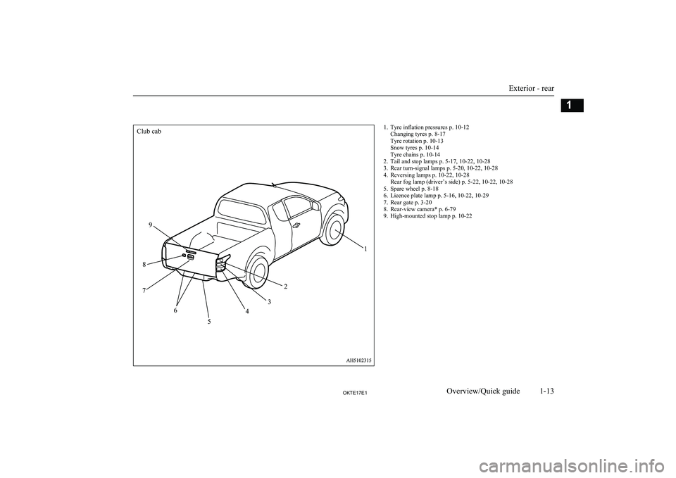 MITSUBISHI L200 2017 (in English) User Guide 1. Tyre inflation pressures p. 10-12Changing tyres p. 8-17
Tyre rotation p. 10-13
Snow tyres p. 10-14
Tyre chains p. 10-14
2. Tail and stop lamps p. 5-17, 10-22, 10-28
3. Rear turn-signal lamps p. 5-2 MITSUBISHI L200 2017 (in English) User Guide 1. Tyre inflation pressures p. 10-12Changing tyres p. 8-17
Tyre rotation p. 10-13
Snow tyres p. 10-14
Tyre chains p. 10-14
2. Tail and stop lamps p. 5-17, 10-22, 10-28
3. Rear turn-signal lamps p. 5-2
