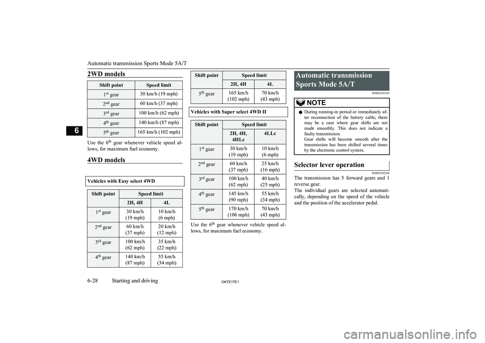 MITSUBISHI L200 2017  Owners Manual (in English) 2WD modelsShift pointSpeed limit1st
 gear30 km/h (19 mph)2nd
 gear60 km/h (37 mph)3rd
 gear100 km/h (62 mph)4th
 gear140 km/h (87 mph)5th
 gear165 km/h (102 mph)
Use  the  6 th
  gear  whenever  vehic