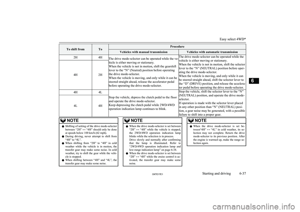 MITSUBISHI L200 2017 (in English) Owners Guide To shift fromToProcedureVehicles with manual transmissionVehicles with automatic transmission2H4HThe drive mode-selector can be operated while the ve-
hicle is either moving or stationary.
When the ve MITSUBISHI L200 2017 (in English) Owners Guide To shift fromToProcedureVehicles with manual transmissionVehicles with automatic transmission2H4HThe drive mode-selector can be operated while the ve-
hicle is either moving or stationary.
When the ve
