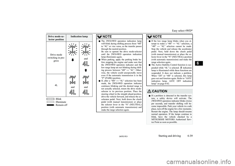 MITSUBISHI L200 2017  Owners Manual (in English) Drive mode-se-lector positionIndication lamp
Drive mode
switching in pro- gress
and
4Landand
: Blink
: Illuminate
: Remain off
NOTElThe  2WD/4WD  operation  indication  lamp
will blink during shifting