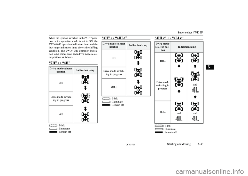 MITSUBISHI L200 2017 Owners Manual (in English) When the ignition switch is in the “ON” posi-
tion or the operation mode is put in ON, the 2WD/4WD operation indication lamp and the
low-range indication lamp shows the shifting cond MITSUBISHI L200 2017 Owners Manual (in English) When the ignition switch is in the “ON” posi-
tion or the operation mode is put in ON, the 2WD/4WD operation indication lamp and the
low-range indication lamp shows the shifting cond