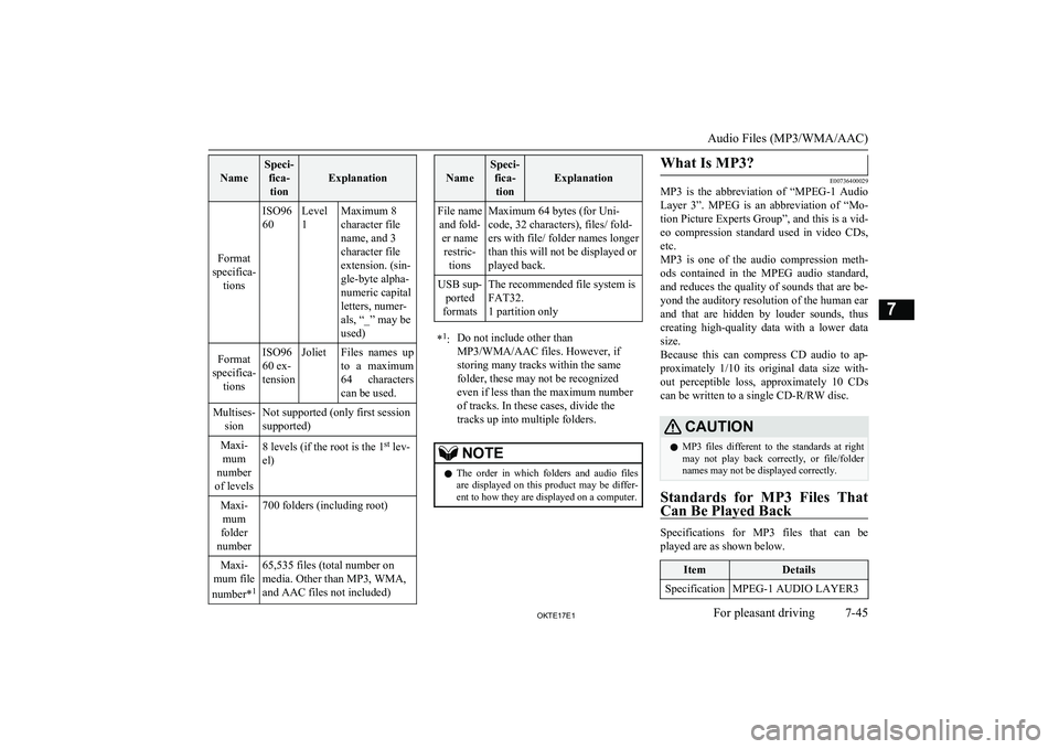MITSUBISHI L200 2017 Owners Manual (in English) Name
Speci-fica-tion
Explanation
Format
specifica- tions
ISO96
60Level
1Maximum 8
character file
name, and 3
character file
extension. (sin-
gle-byte alpha-
numeric capital
letters, numer-
als, “_ MITSUBISHI L200 2017 Owners Manual (in English) Name
Speci-fica-tion
Explanation
Format
specifica- tions
ISO96
60Level
1Maximum 8
character file
name, and 3
character file
extension. (sin-
gle-byte alpha-
numeric capital
letters, numer-
als, “_