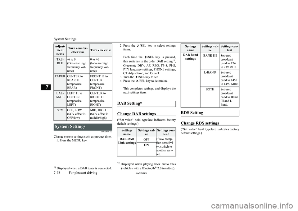 MITSUBISHI L200 2017  Owners Manual (in English) Adjust-ment
itemsTurn counter- clockwiseTurn clockwise
TRE-BLE-6 to 0
(Decrease high
frequency vol-
ume)0 to +6
(Increase high
frequency vol-
ume)FADERCENTER to
REAR 11
(emphasise
REAR)FRONT 11 to
CEN