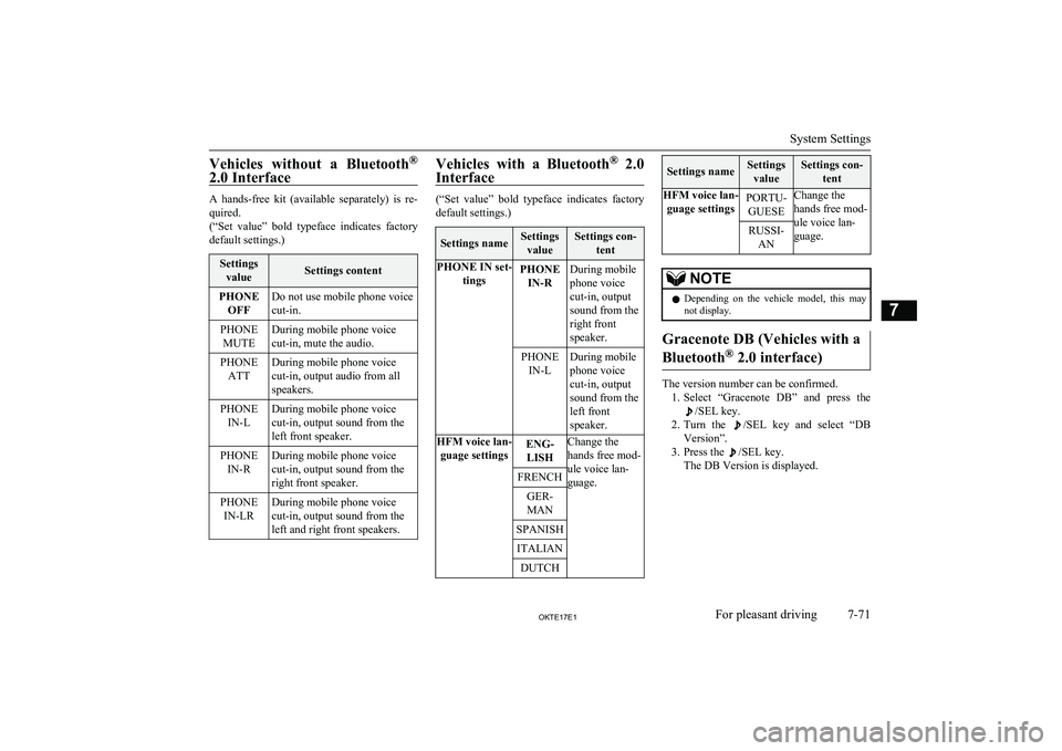 MITSUBISHI L200 2017 Owners Manual (in English) Vehicles without a Bluetooth®
2.0 Interface
A hands-free kit (available separately) is re- quired.
(“Set value” bold typeface indicates factory
default settings.)
Settings valueSett MITSUBISHI L200 2017 Owners Manual (in English) Vehicles without a Bluetooth®
2.0 Interface
A hands-free kit (available separately) is re- quired.
(“Set value” bold typeface indicates factory
default settings.)
Settings valueSett