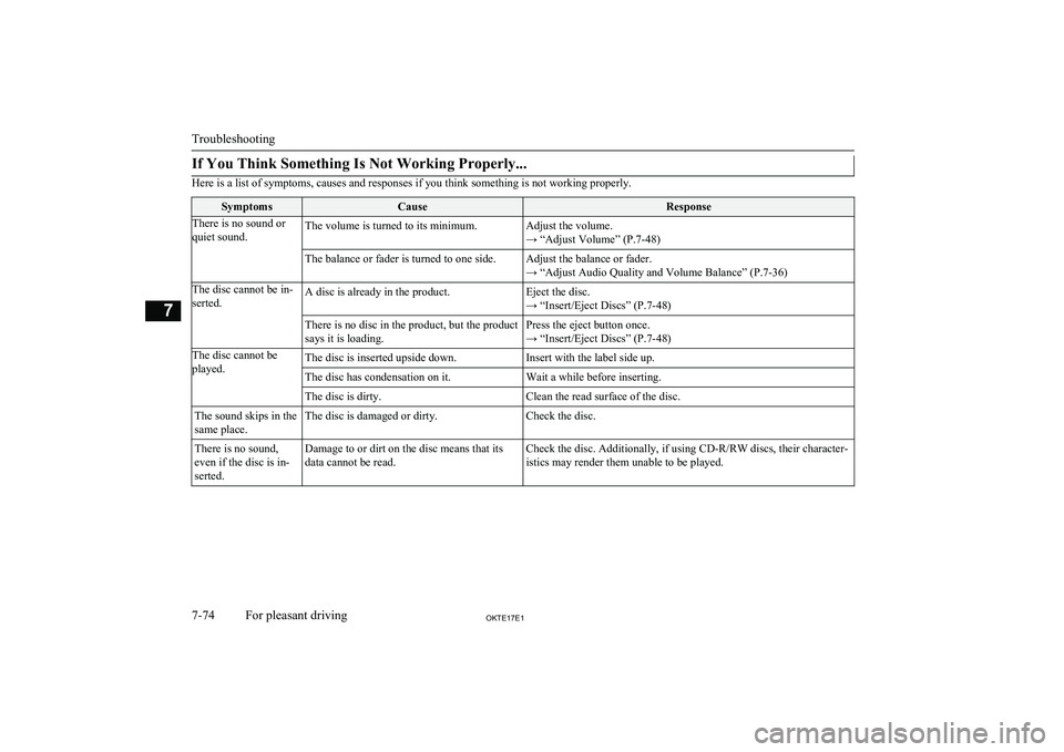 MITSUBISHI L200 2017 Owners Manual (in English) If You Think Something Is Not Working Properly...
Here is a list of symptoms, causes and responses if you think something is not working properly.
SymptomsCauseResponseThere is no sound or
quiet sound MITSUBISHI L200 2017 Owners Manual (in English) If You Think Something Is Not Working Properly...
Here is a list of symptoms, causes and responses if you think something is not working properly.
SymptomsCauseResponseThere is no sound or
quiet sound