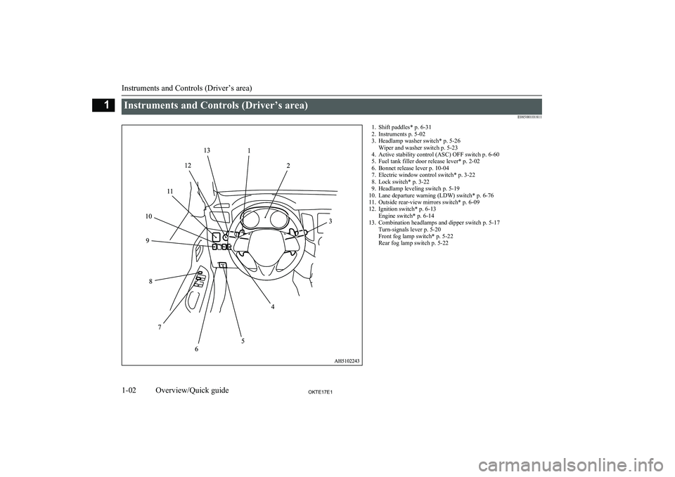 MITSUBISHI L200 2017  Owners Manual (in English) Instruments and Controls (Driver’s area)E085001018111. Shift paddles* p. 6-312. Instruments p. 5-02
3. Headlamp washer switch* p. 5-26 Wiper and washer switch p. 5-23
4. Active stability control (AS