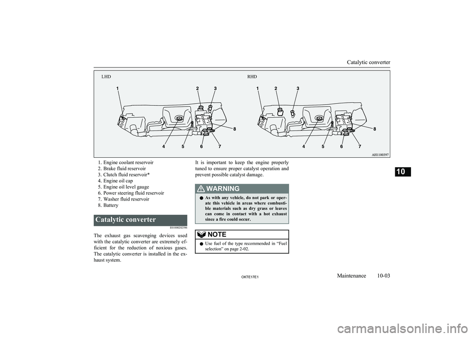 MITSUBISHI L200 2017   (in English) User Guide 1. Engine coolant reservoir
2. Brake fluid reservoir
3. Clutch fluid reservoir*
4. Engine oil cap
5. Engine oil level gauge
6. Power steering fluid reservoir
7. Washer fluid reservoir
8. BatteryCataly