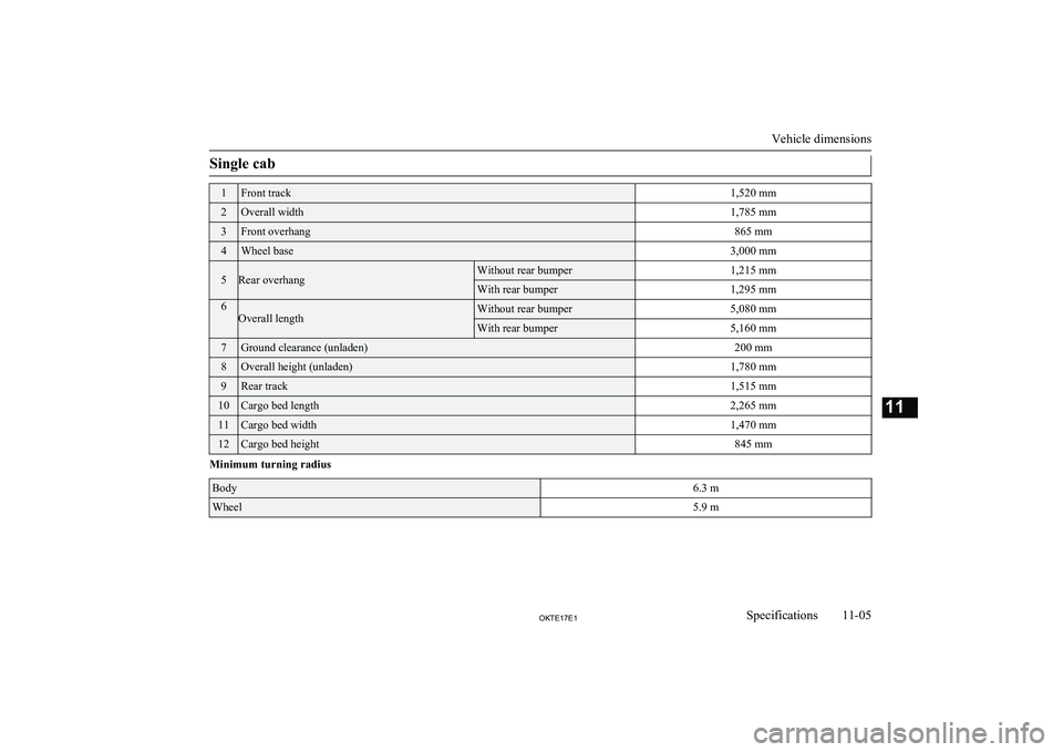 MITSUBISHI L200 2017  Owners Manual (in English) Single cab1Front track1,520 mm2Overall width1,785 mm3Front overhang865 mm4Wheel base3,000 mm5Rear overhangWithout rear bumper1,215 mmWith rear bumper1,295 mm6Overall lengthWithout rear bumper5,080 mmW