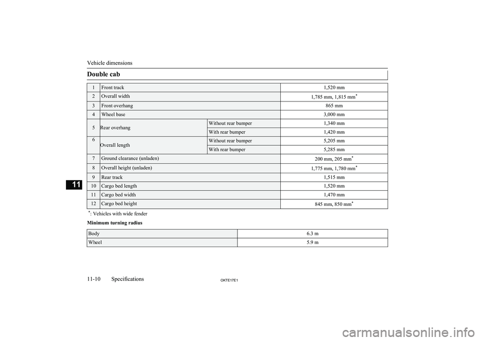 MITSUBISHI L200 2017  Owners Manual (in English) Double cab1Front track1,520 mm2Overall width1,785 mm, 1,815 mm*3Front overhang865 mm4Wheel base3,000 mm5Rear overhangWithout rear bumper1,340 mmWith rear bumper1,420 mm6Overall lengthWithout rear bump