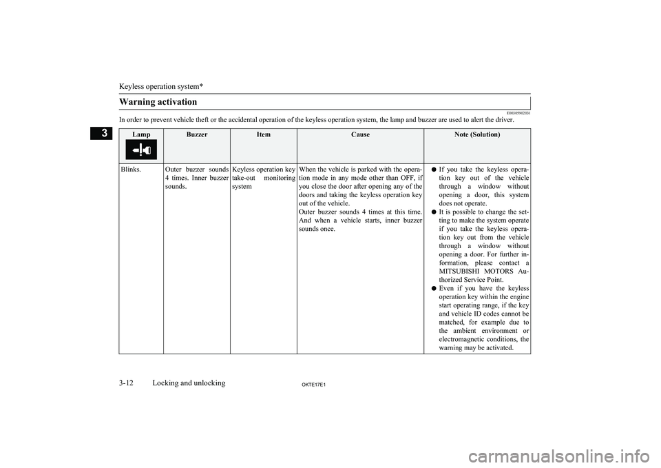 MITSUBISHI L200 2017 (in English) Owners Guide Warning activation
E00305902031
In order to prevent vehicle theft or the accidental operation of the keyless operation system, the lamp and buzzer are used to alert the driver.
LampBuzzerItemCauseNote MITSUBISHI L200 2017 (in English) Owners Guide Warning activation
E00305902031
In order to prevent vehicle theft or the accidental operation of the keyless operation system, the lamp and buzzer are used to alert the driver.
LampBuzzerItemCauseNote