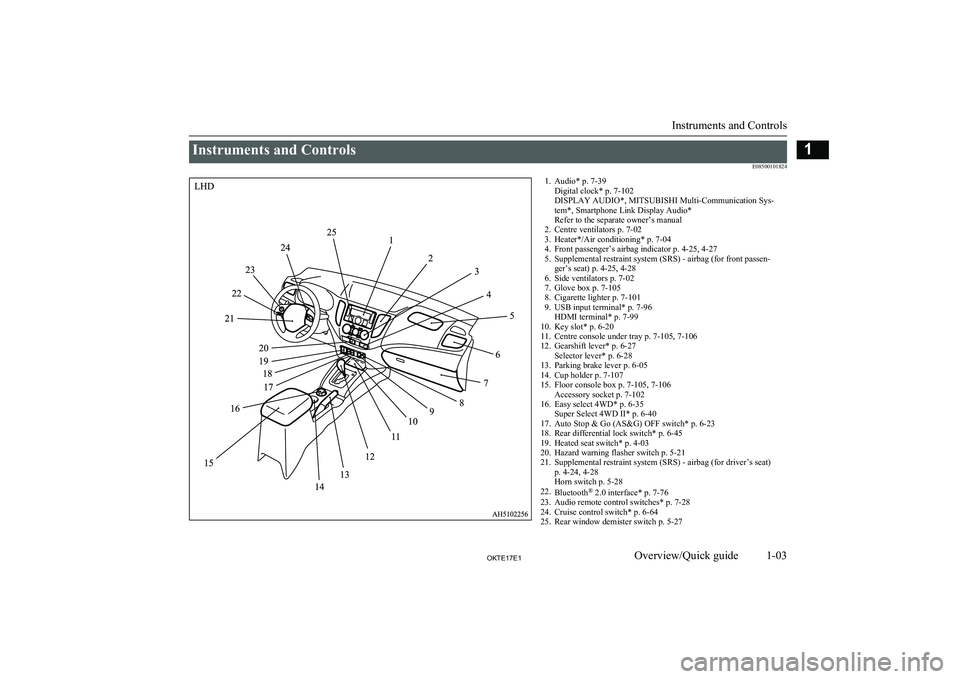 MITSUBISHI L200 2017  Owners Manual (in English) Instruments and ControlsE085001018241. Audio* p. 7-39Digital clock* p. 7-102
DISPLAY AUDIO*, MITSUBISHI Multi-Communication Sys-
tem*, Smartphone Link Display Audio*
Refer to the separate owner’s ma