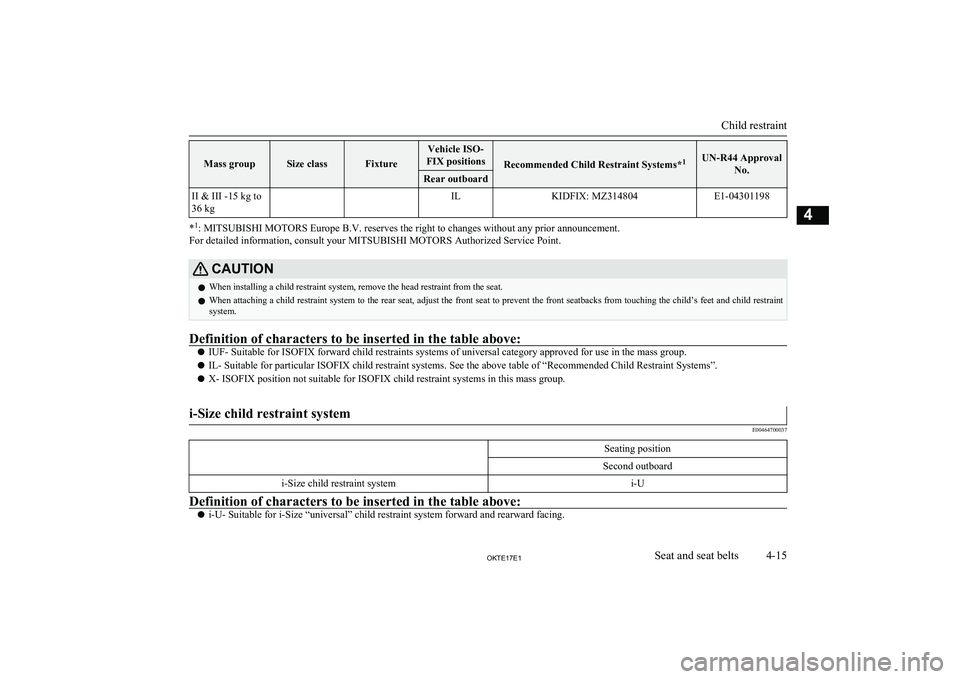 MITSUBISHI L200 2017 (in English) Repair Manual Mass groupSize classFixture
Vehicle ISO-
FIX positions
Recommended Child Restraint Systems* 1UN-R44 Approval
No.Rear outboardII & III -15 kg to
36 kg ILKIDFIX: MZ314804E1-04301198
* 1
: MITSUBISHI MO MITSUBISHI L200 2017 (in English) Repair Manual Mass groupSize classFixture
Vehicle ISO-
FIX positions
Recommended Child Restraint Systems* 1UN-R44 Approval
No.Rear outboardII & III -15 kg to
36 kg ILKIDFIX: MZ314804E1-04301198
* 1
: MITSUBISHI MO