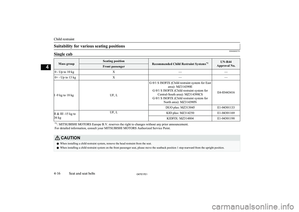 MITSUBISHI L200 2017 (in English) Repair Manual Suitability for various seating positions
E00406802751
Single cabMass groupSeating positionRecommended Child Restraint Systems*1UN-R44
Approval No.Front passenger0 - Up to 10 kgX——0+ - Up to 13 kg MITSUBISHI L200 2017 (in English) Repair Manual Suitability for various seating positions
E00406802751
Single cabMass groupSeating positionRecommended Child Restraint Systems*1UN-R44
Approval No.Front passenger0 - Up to 10 kgX——0+ - Up to 13 kg