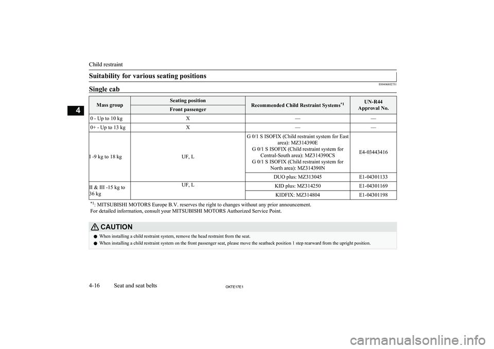 MITSUBISHI L200 2017  Owners Manual (in English) Suitability for various seating positions
E00406802751
Single cabMass groupSeating positionRecommended Child Restraint Systems*1UN-R44
Approval No.Front passenger0 - Up to 10 kgX——0+ - Up to 13 kg