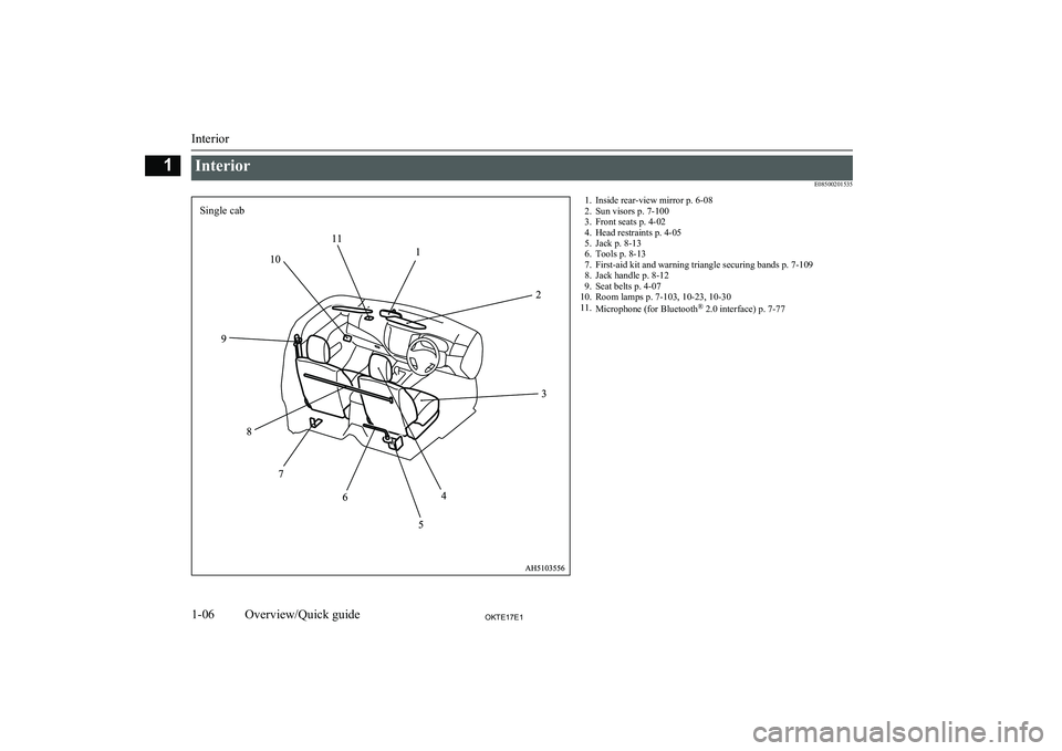 MITSUBISHI L200 2017  Owners Manual (in English) Interior E085002015351. Inside rear-view mirror p. 6-082. Sun visors p. 7-100
3. Front seats p. 4-02
4. Head restraints p. 4-05
5. Jack p. 8-13
6. Tools p. 8-13
7. First-aid kit and warning triangle s