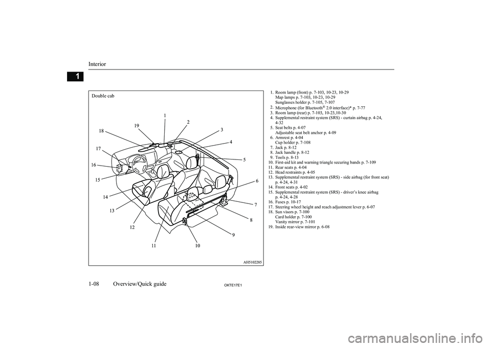MITSUBISHI L200 2017 Owners Manual (in English) 1. Room lamp (front) p. 7-103, 10-23, 10-29Map lamps p. 7-103, 10-23, 10-29
Sunglasses holder p. 7-105, 7-107
2. Microphone (for Bluetooth ®
2.0 interface)* p. 7-77
3. Room lamp (rear) p. 7-103, 10- MITSUBISHI L200 2017 Owners Manual (in English) 1. Room lamp (front) p. 7-103, 10-23, 10-29Map lamps p. 7-103, 10-23, 10-29
Sunglasses holder p. 7-105, 7-107
2. Microphone (for Bluetooth ®
2.0 interface)* p. 7-77
3. Room lamp (rear) p. 7-103, 10-