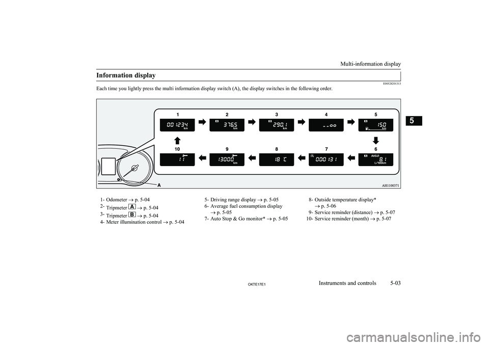 MITSUBISHI L200 2017 (in English) Owners Manual Information display
E00528201313
Each time you lightly press the multi information display switch (A), the display switches in the following order.
1- Odometer ® p. 5-04
2- Tripmeter
® p. 5-04
3 MITSUBISHI L200 2017 (in English) Owners Manual Information display
E00528201313
Each time you lightly press the multi information display switch (A), the display switches in the following order.
1- Odometer ® p. 5-04
2- Tripmeter
® p. 5-04
3