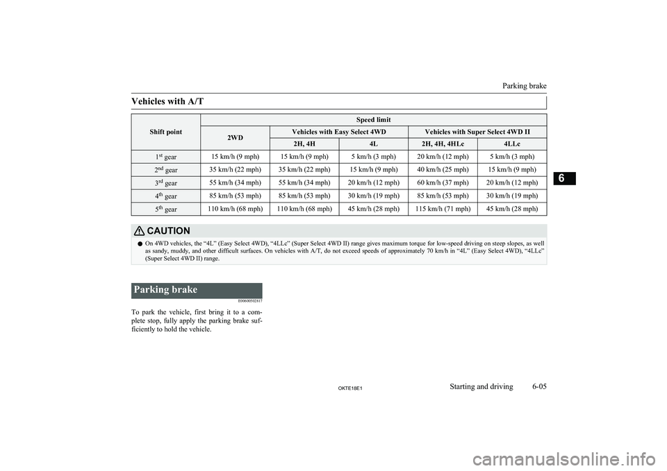 MITSUBISHI L200 2018  Owners Manual (in English) Vehicles with A/T
Shift point
Speed limit2WDVehicles with Easy Select 4WDVehicles with Super Select 4WD II2H, 4H4L2H, 4H, 4HLc4LLc1st
 gear15 km/h (9 mph)15 km/h (9 mph)5 km/h (3 mph)20 km/h (12 mph)5