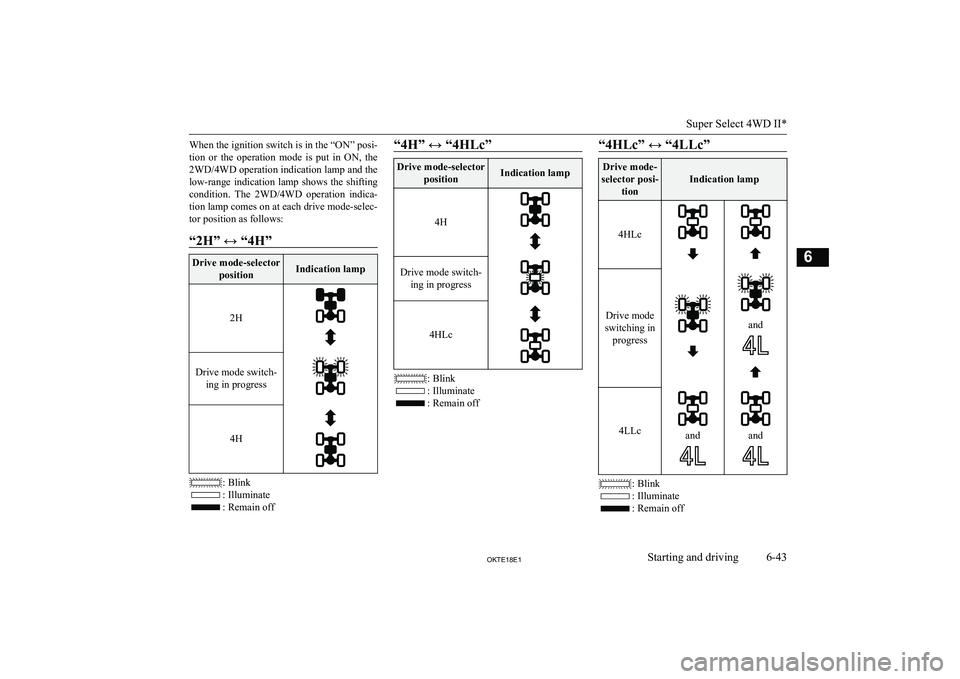 MITSUBISHI L200 2018 Owners Manual (in English) When the ignition switch is in the “ON” posi-
tion or the operation mode is put in ON, the 2WD/4WD operation indication lamp and the
low-range indication lamp shows the shifting cond MITSUBISHI L200 2018 Owners Manual (in English) When the ignition switch is in the “ON” posi-
tion or the operation mode is put in ON, the 2WD/4WD operation indication lamp and the
low-range indication lamp shows the shifting cond