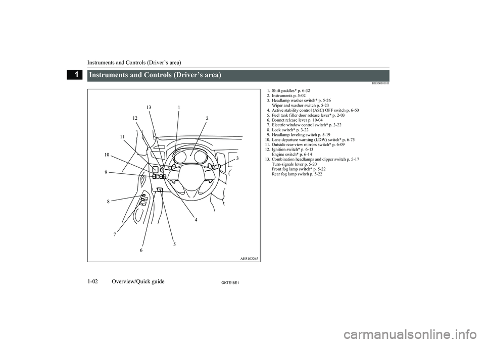 MITSUBISHI L200 2018  Owners Manual (in English) Instruments and Controls (Driver’s area)E085001018111. Shift paddles* p. 6-322. Instruments p. 5-02
3. Headlamp washer switch* p. 5-26 Wiper and washer switch p. 5-23
4. Active stability control (AS