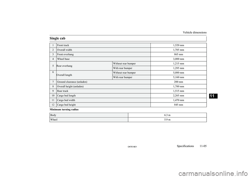 MITSUBISHI L200 2018  Owners Manual (in English) Single cab1Front track1,520 mm2Overall width1,785 mm3Front overhang865 mm4Wheel base3,000 mm5Rear overhangWithout rear bumper1,215 mmWith rear bumper1,295 mm6Overall lengthWithout rear bumper5,080 mmW