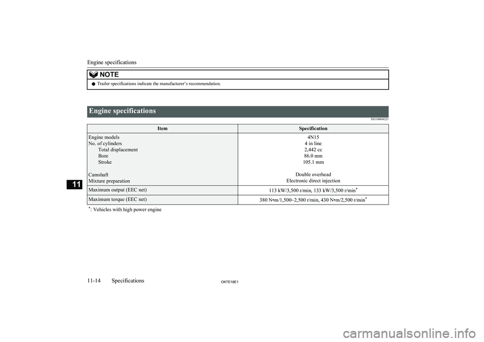 MITSUBISHI L200 2018  Owners Manual (in English) NOTElTrailer specifications indicate the manufacturer’s recommendation.
 
Engine specifications
E01100604221ItemSpecificationEngine models
No. of cylinders Total displacement
Bore
Stroke
Camshaft
Mi