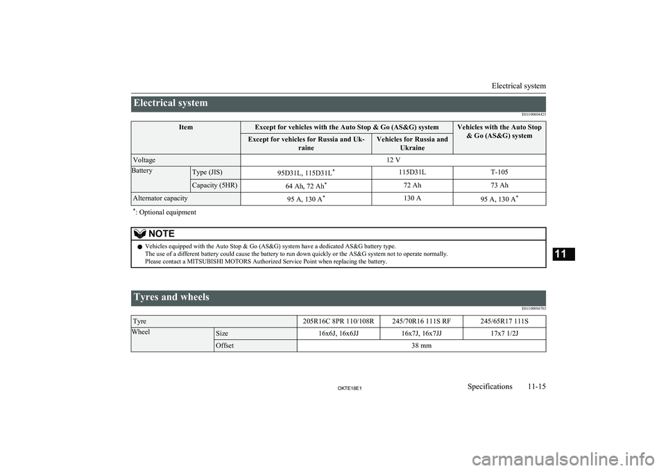 MITSUBISHI L200 2018  Owners Manual (in English) Electrical systemE01100804425ItemExcept for vehicles with the Auto Stop & Go (AS&G) systemVehicles with the Auto Stop& Go (AS&G) systemExcept for vehicles for Russia and Uk- raineVehicles for Russia a