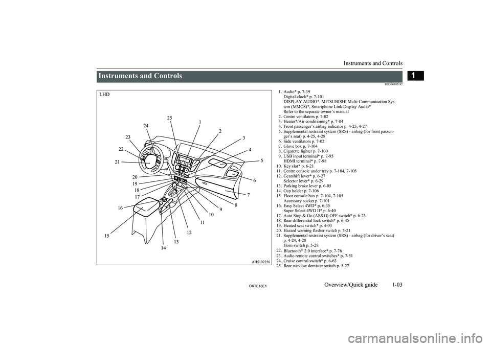 MITSUBISHI L200 2018  Owners Manual (in English) Instruments and ControlsE085001021821. Audio* p. 7-39Digital clock* p. 7-101
DISPLAY AUDIO*, MITSUBISHI Multi-Communication Sys-
tem (MMCS)*, Smartphone Link Display Audio*
Refer to the separate owner