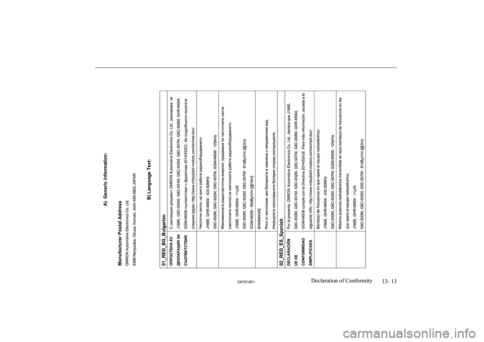MITSUBISHI L200 2018  Owners Manual (in English) 13- 13
OKTE18E1Declaration of Conformity  
