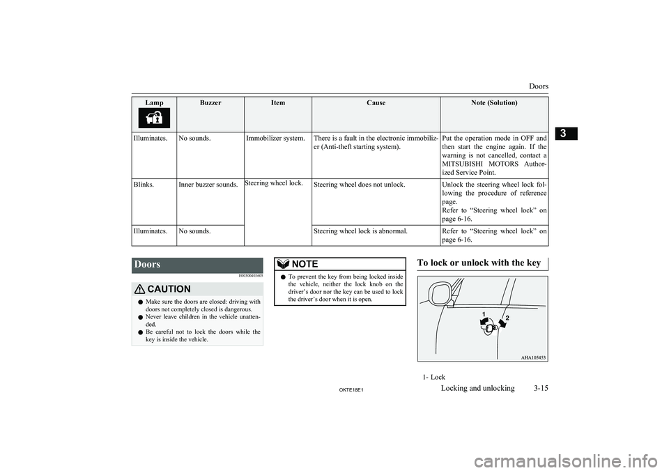 MITSUBISHI L200 2018  Owners Manual (in English) LampBuzzerItemCauseNote (Solution)Illuminates.No sounds.Immobilizer system.There is a fault in the electronic immobiliz-
er (Anti-theft starting system).Put  the  operation  mode  in  OFF  and then  s