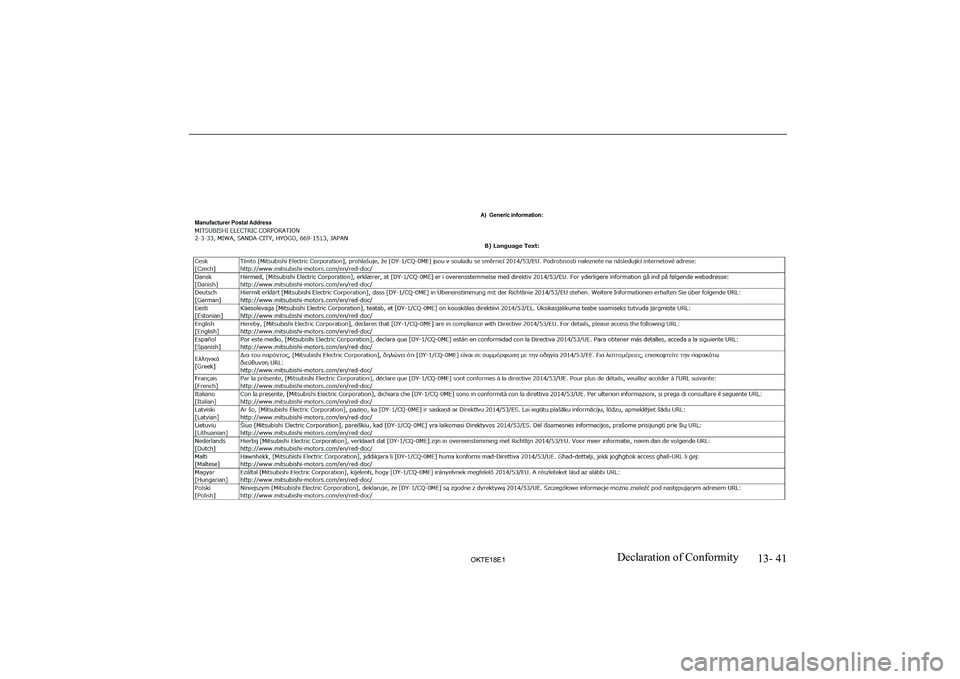 MITSUBISHI L200 2018 Owners Manual (in English) 13- 41
OKTE18E1Declaration of Conformity MITSUBISHI L200 2018 Owners Manual (in English) 13- 41
OKTE18E1Declaration of Conformity