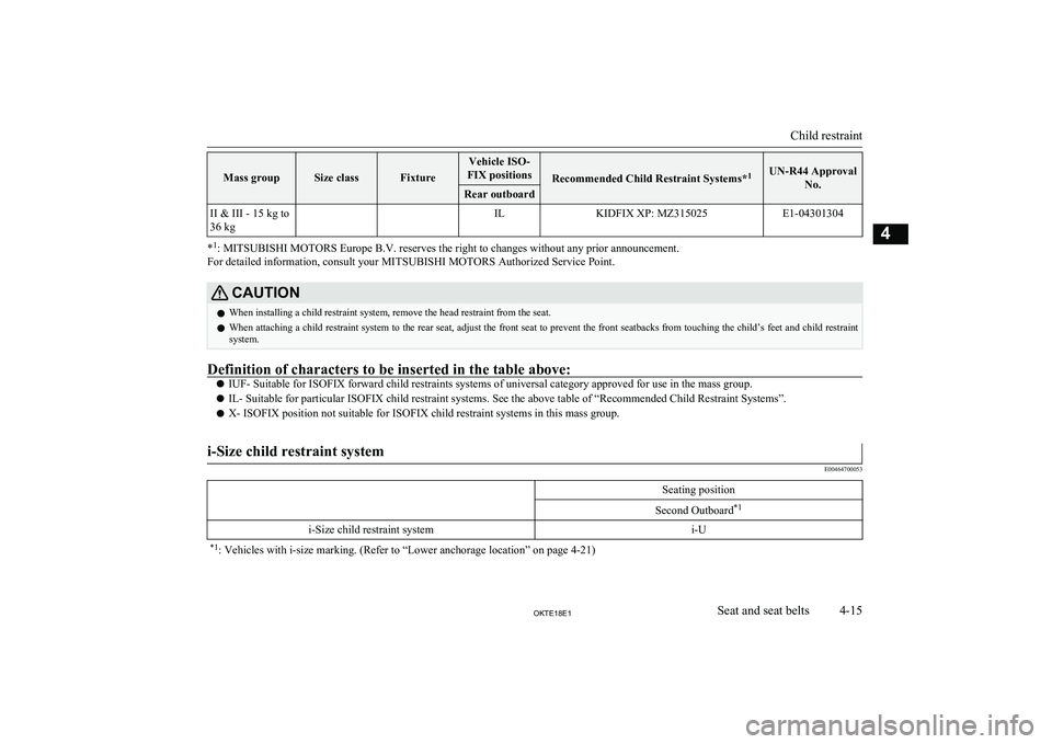 MITSUBISHI L200 2018   (in English) Repair Manual Mass groupSize classFixture
Vehicle ISO-
FIX positions
Recommended Child Restraint Systems* 1UN-R44 Approval
No.Rear outboardII & III - 15 kg to
36 kg  ILKIDFIX XP: MZ315025E1-04301304
* 1
: MITSUBISH