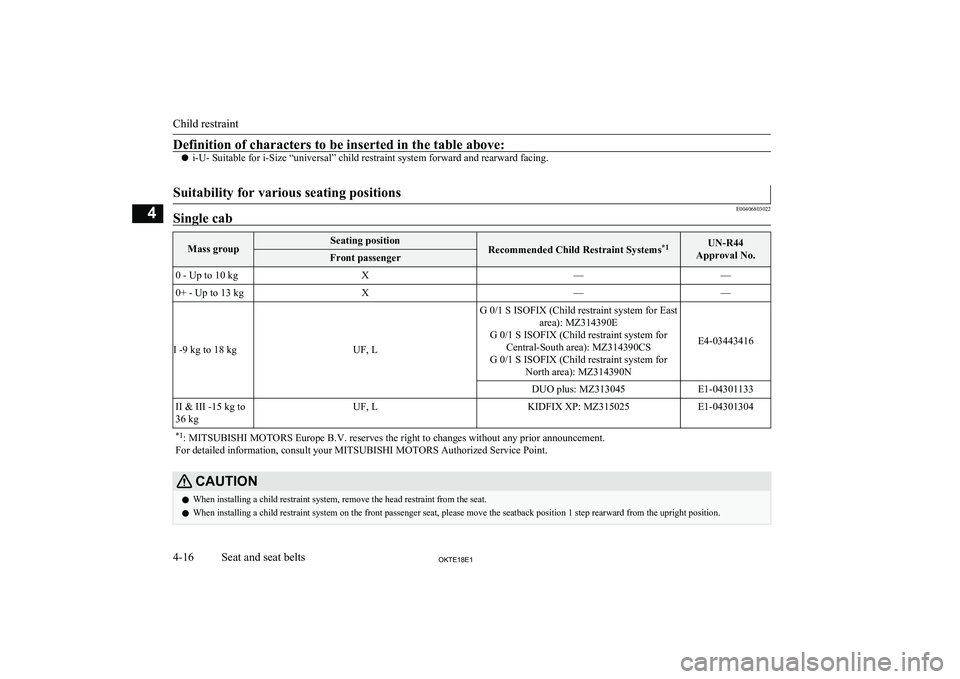 MITSUBISHI L200 2018   (in English) Repair Manual Definition of characters to be inserted in the table above:
li-U- Suitable for i-Size “universal” child restraint system forward and rearward facing.
 
Suitability for various seating positions
E0
