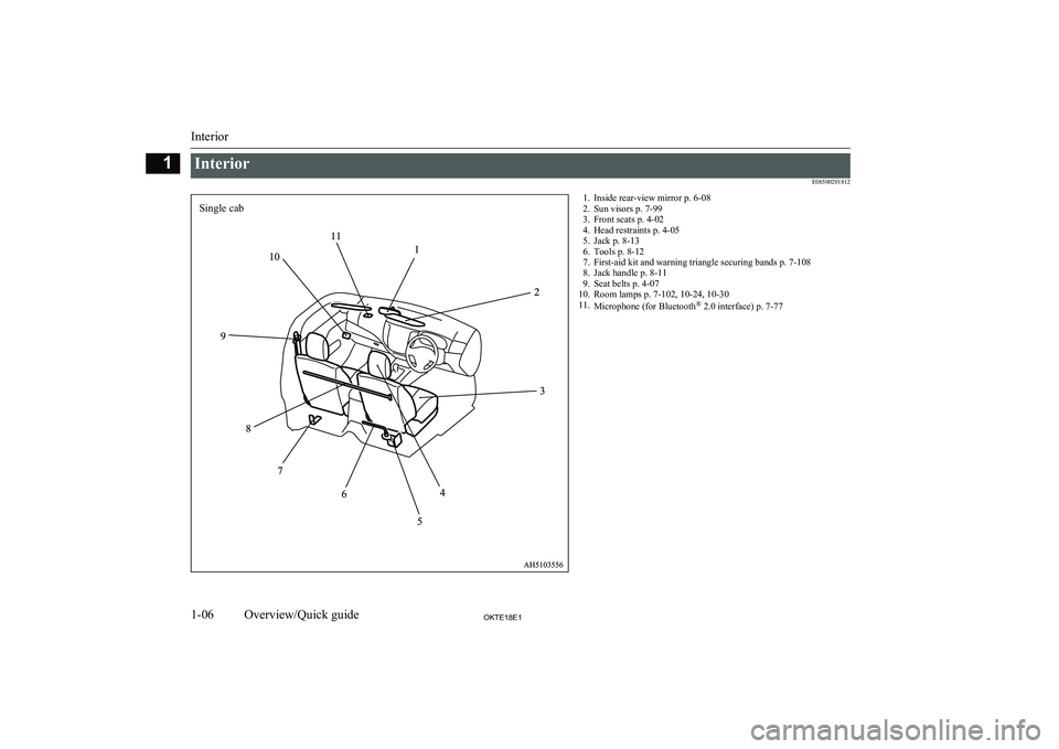 MITSUBISHI L200 2018  Owners Manual (in English) Interior E085002018121. Inside rear-view mirror p. 6-082. Sun visors p. 7-99
3. Front seats p. 4-02
4. Head restraints p. 4-05
5. Jack p. 8-13
6. Tools p. 8-12
7. First-aid kit and warning triangle se