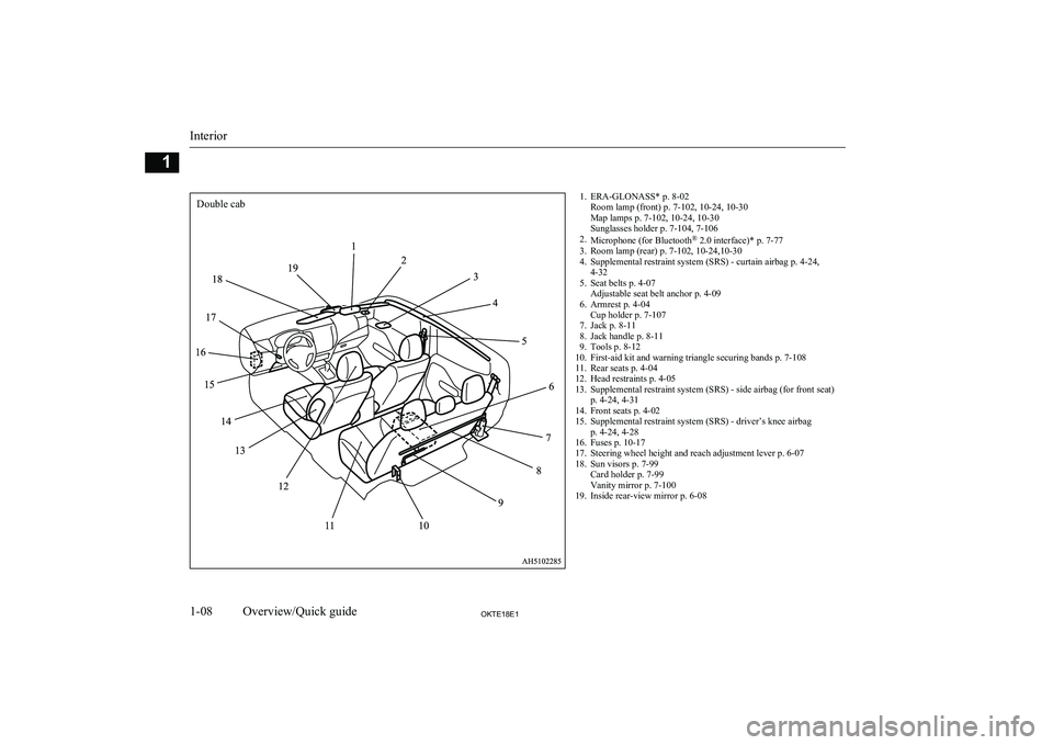 MITSUBISHI L200 2018  Owners Manual (in English) 1. ERA-GLONASS* p. 8-02Room lamp (front) p. 7-102, 10-24, 10-30
Map lamps p. 7-102, 10-24, 10-30
Sunglasses holder p. 7-104, 7-106
2. Microphone (for Bluetooth ®
 2.0 interface)* p. 7-77
3. Room lamp