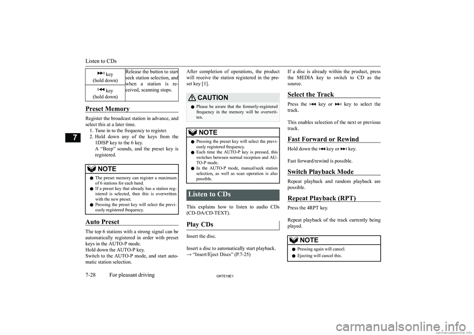 MITSUBISHI L200 2019  Owners Manual (in English) � �k�e�y
�(�h�o�l�d� �d�o�w�n�)�R�e�l�e�a�s�e� �t�h�e� �b�u�t�t�o�n� �t�o� �s�t�a�r�t
�s�e�e�k� �s�t�a�t�i�o�n� �s�e�l�e�c�t�i�o�n�,� �a�n�d
�w�h�e�n�  �a�  �s�t�a�t�i�o�n�  �i�s�  �r�e�-
�c�e�i�v�e�d