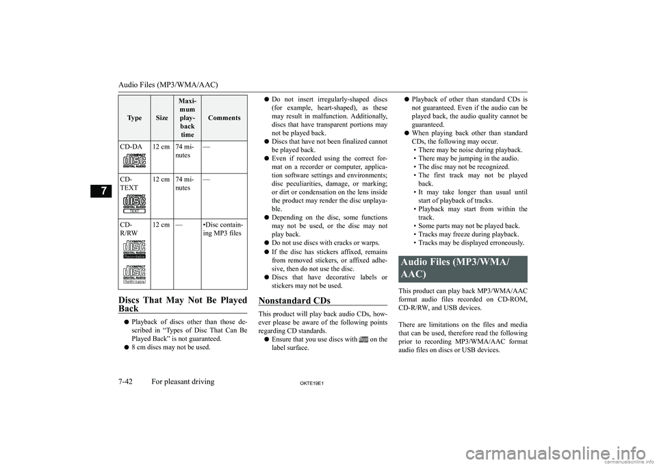MITSUBISHI L200 2019  Owners Manual (in English) �T�y�p�e�S�i�z�e
�M�a�x�i�-�m�u�m�p�l�a�y�- �b�a�c�k �t�i�m�e
�C�o�m�m�e�n�t�s
�C�D�-�D�A�1�2� �c�m�7�4� �m�i�-
�n�u�t�e�s�