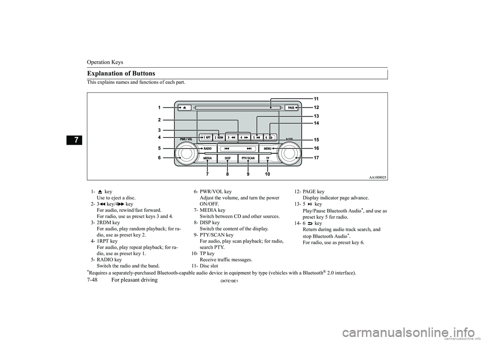 MITSUBISHI L200 2019  Owners Manual (in English) �E�x�p�l�a�n�a�t�i�o�n� �o�f� �B�u�t�t�o�n�s
�T�h�i�s� �e�x�p�l�a�i�n�s� �n�a�m�e�s� �a�n�d� �f�u�n�c�t�i�o�n�s� �o�f� �e�a�c�h� �p�a�r�t�.
�1�-� �k�e�y
�U�s�e� �t�o� �e�j�e�c�t� �a� �d�i�s�c�.
�2�- �