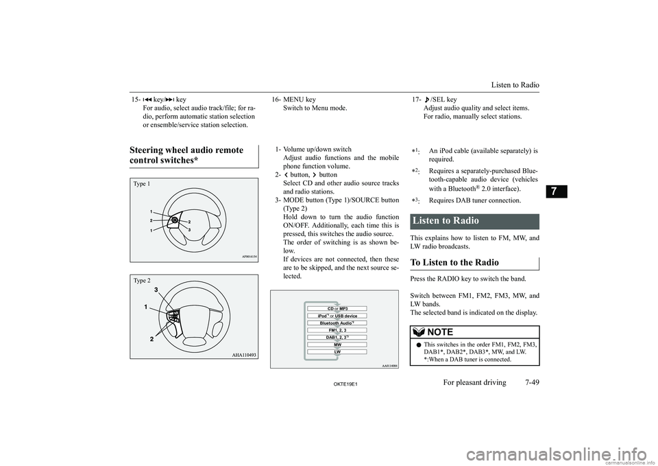 MITSUBISHI L200 2019  Owners Manual (in English) �1�5�-� �k�e�y�/� �k�e�y
�F�o�r� �a�u�d�i�o�,� �s�e�l�e�c�t� �a�u�d�i�o� �t�r�a�c�k�/�f�i�l�e�;� �f�o�r� �r�a�-
�d�i�o�,� �p�e�r�f�o�r�m� �a�u�t�o�m�a�t�i�c� �s�t�a�t�i�o�n� �s�e�l�e�c�t�i�o�n
�o�r� �