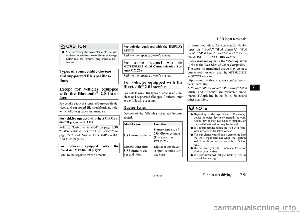 MITSUBISHI L200 2019  Owners Manual (in English) �C�A�U�T�,�O�N�z�A�f�t�e�r�  �r�e�m�o�v�i�n�g�  �t�h�e�  �c�o�n�n�e�c�t�o�r�  �c�a�b�l�e�,�  �b�e�  �s�u�r�e
�t�o�  �c�l�o�s�e�  �t�h�e�  �t�e�r�m�i�n�a�l�  �c�o�v�e�r�.�  �E�n�t�r�y�  �o�f�  �f�o�r�e