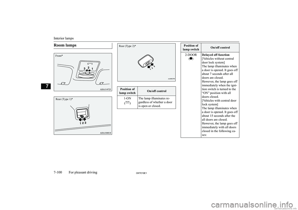 MITSUBISHI L200 2019  Owners Manual (in English) �R�o�o�m� �l�a�m�p�s�P�o�s�i�t�i�o�n� �o�f
�l�a�m�p� �s�w�i�t�c�h�O�n�/�o�f�f� �c�o�n�t�r�o�l�1�-�O�N
�(
�)
�T�h�e� �l�a�m�p� �i�l�l�u�m�i�n�a�t�e�s� �r�e�-
�g�a�r�d�l�e�s�s� �o�f� �w�h�e�t�h�e�r� �a�
