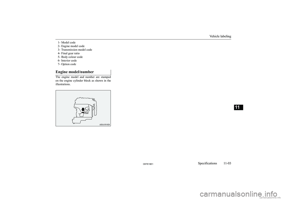MITSUBISHI L200 2019  Owners Manual (in English) �1�- �M�o�d�e�l� �c�o�d�e
�2�- �E�n�g�i�n�e� �m�o�d�e�l� �c�o�d�e
�3�- �T�r�a�n�s�m�i�s�s�i�o�n� �m�o�d�e�l� �c�o�d�e
�4�- �F�i�n�a�l� �g�e�a�r� �r�a�t�i�o
�5�- �B�o�d�y� �c�o�l�o�u�r� �c�o�d�e
�6�- �