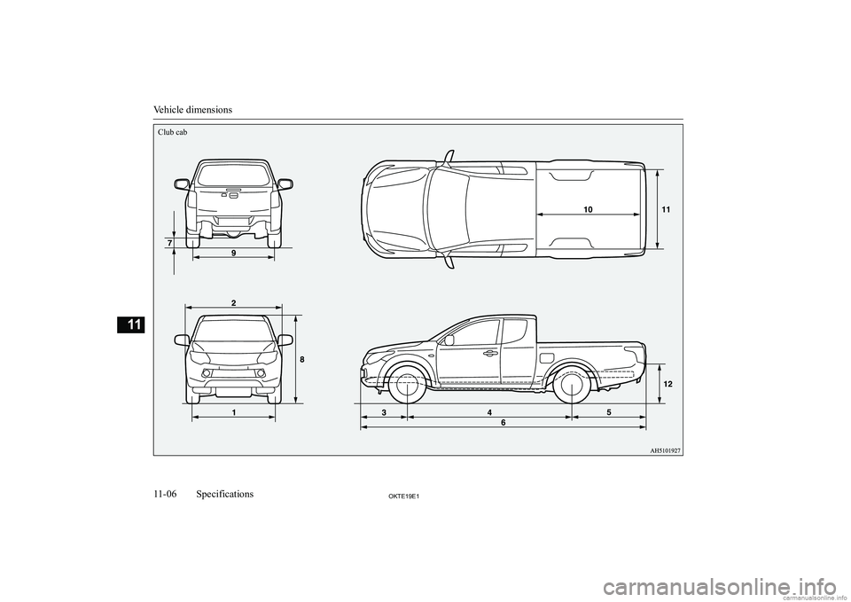 MITSUBISHI L200 2019  Owners Manual (in English) �V�e�h�i�c�l�e� �d�i�m�e�n�s�i�o�n�s
�1�1�-�0�6�2�.�7�(���(��S�p�e�c�i�f�i�c�a�t�i�o�n�s�1�1Club cab  