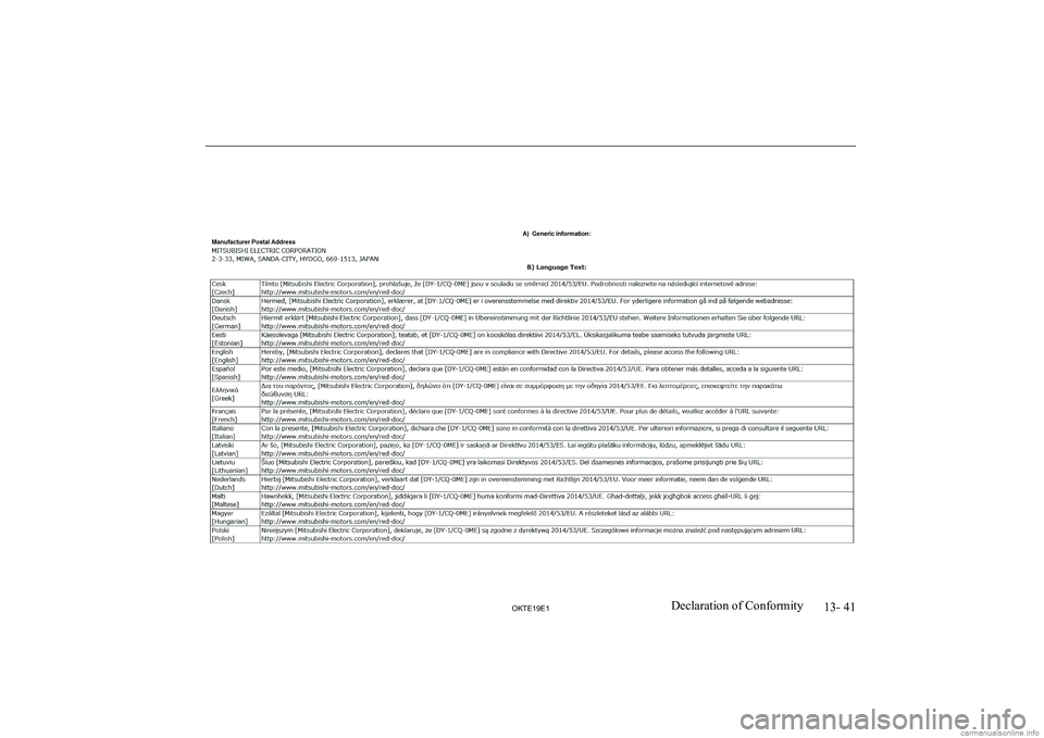 MITSUBISHI L200 2019  Owners Manual (in English) �1�3�-� �4�1
�2�.�7�(���(��D�e�c�l�a�r�a�t�i�o�n� �o�f� �C�o�n�f�o�r�m�i�t�y              