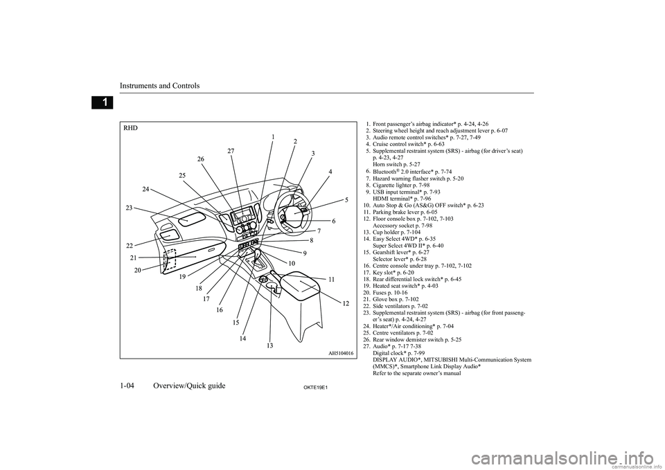 MITSUBISHI L200 2019  Owners Manual (in English) �1�. �F�r�o�n�t� �p�a�s�s�e�n�g�e�r�’�s� �a�i�r�b�a�g� �i�n�d�i�c�a�t�o�r�*� �p�.� �4�-�2�4�,� �4�-�2�6
�2�. �S�t�e�e�r�i�n�g� �w�h�e�e�l� �h�e�i�g�h�t� �a�n�d� �r�e�a�c�h� �a�d�j�u�s�t�m�e�n�t� �l�